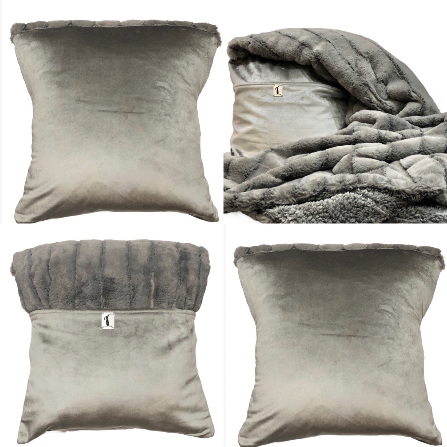 Gray Cotton Velvet Pillow Throw and Tuck